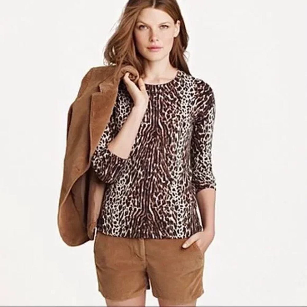 J Crew leopard print black brown merino wool sweater top crewneck M L